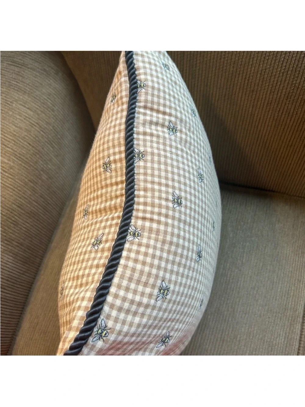 Waverly Beige Gingham Embroidered Accent Pillow with Black Piping
